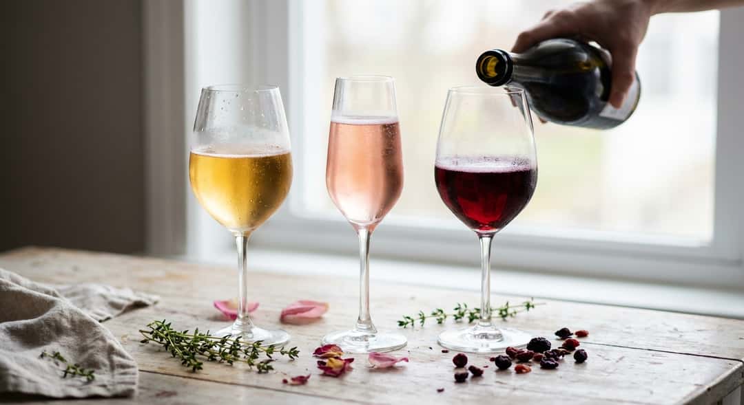 Tre ulike glass med musserende te i ulike farger – gul, rosa og mørkerød – stilt opp på et trebord med urter og blomster