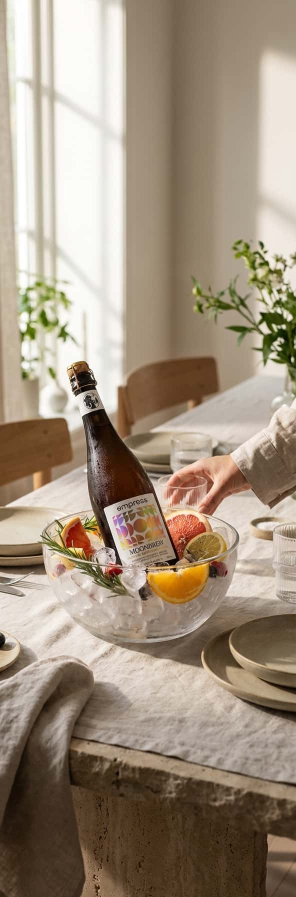 En flaske Empress Moonbrew Sparkling Kombucha () kjølt ned i en isbolle, omgitt av sitrusskiver og friske urter på et le