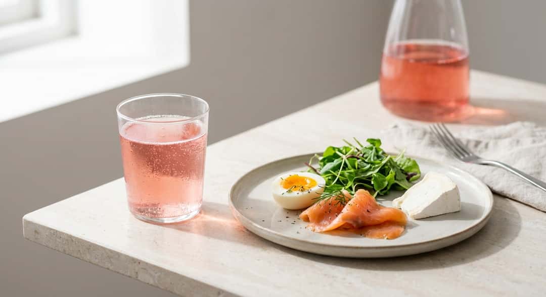 Påskebord med lys anretning av laks, grønne salater og eggeretter, med glass av rosa musserende te foran hvert kuvert