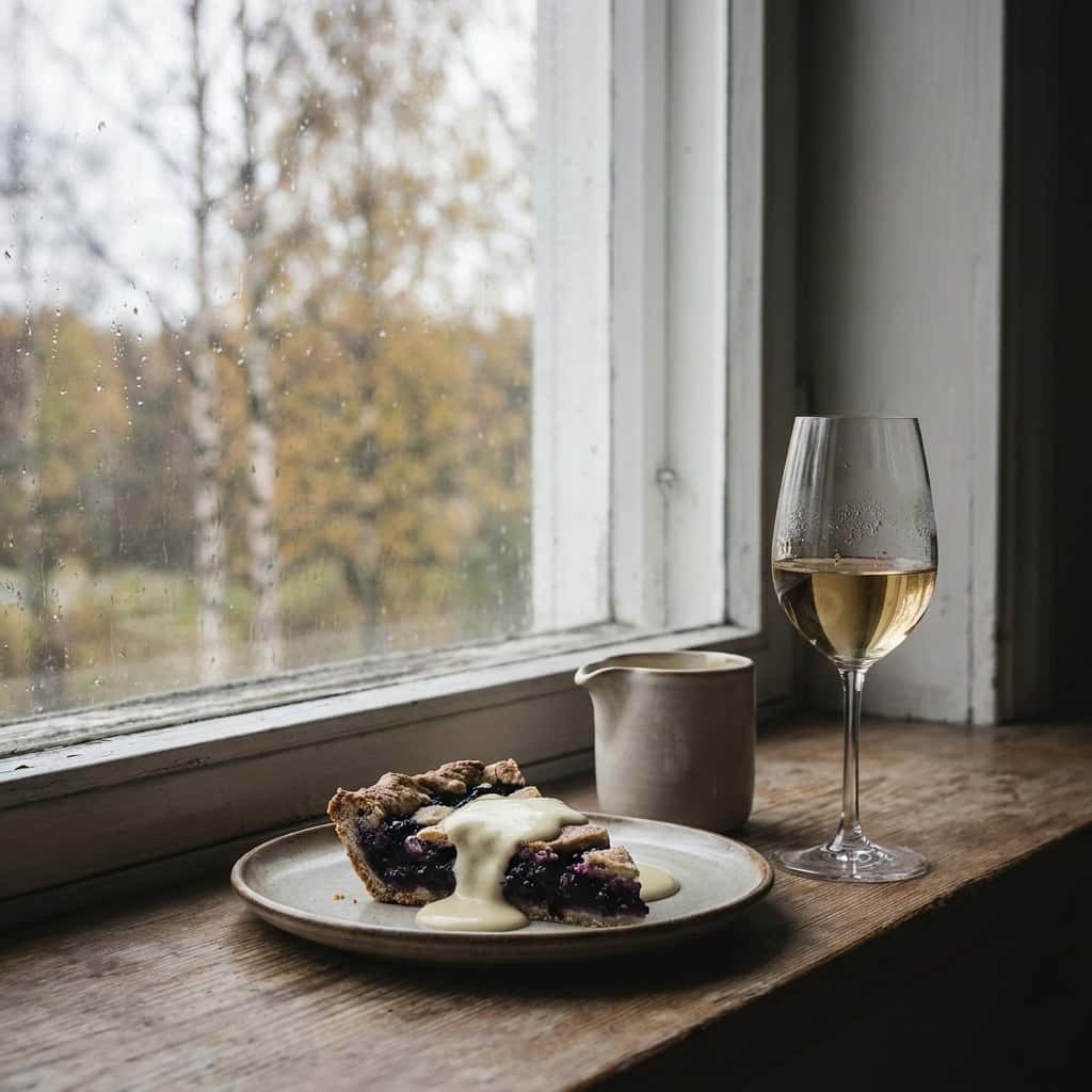 A slice of blueberry pie with vanilla sauce, a small ceramic jug and a glass of white wine on a wooden windowsill in front of an autumn window.