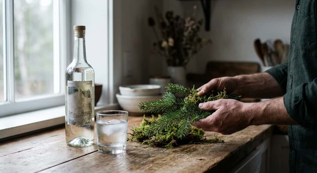 Hånd som holder friske grankvister og moseklumper ved siden av en flaske mezcal, naturlig dagslys på trekjøkkenbenk