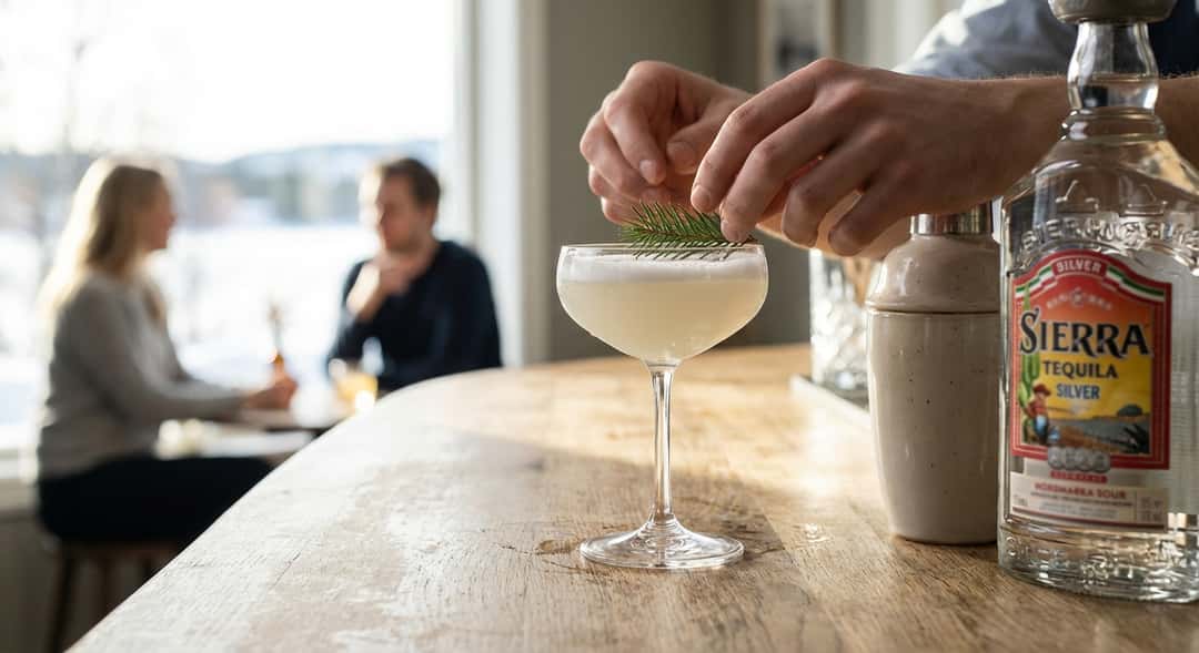 Nordmarka Sour servert i coupeglass med tykt hvitt skum på toppen, dekorert med liten grankvist, (Sierra Tequila Silver)