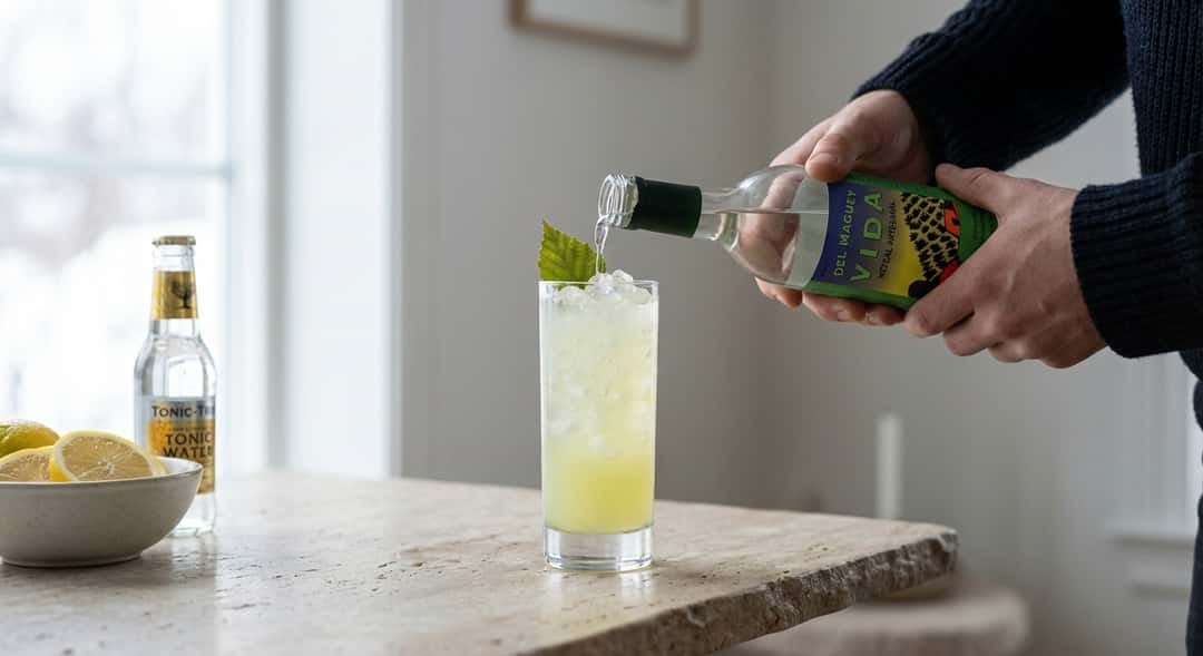 Høyt highball-glass med gulgrønn drink, isknust is, bjørkeblad flyter på overflaten, sollys gjennom glass, (Del Maguey V