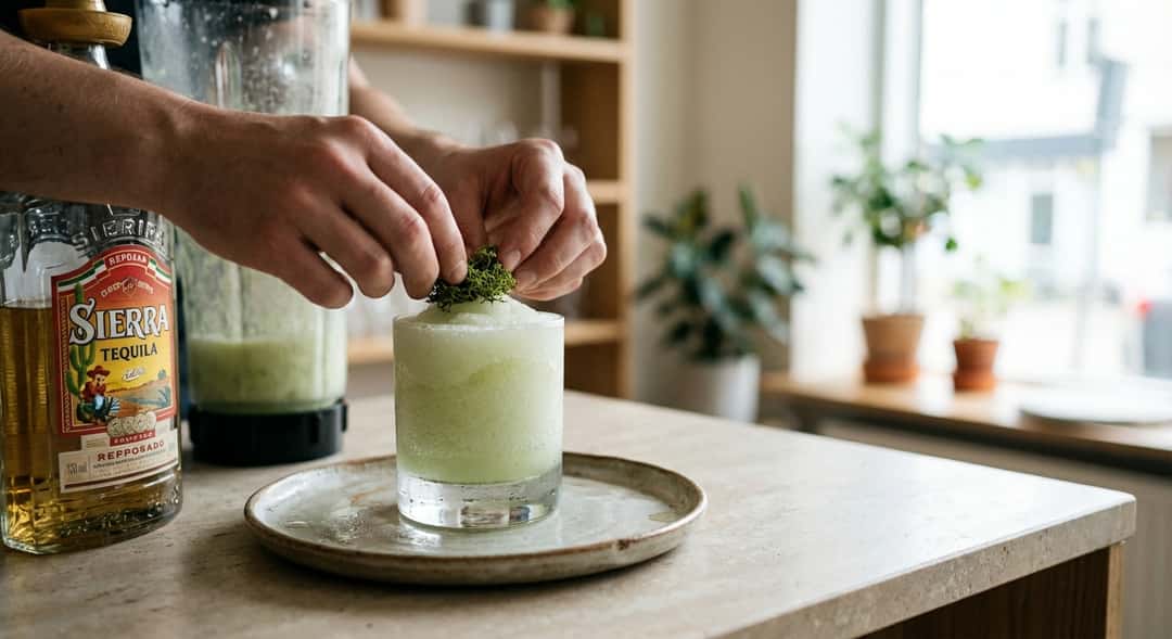 Frozen mosedaiquiri i lavt, bredt cocktailglass, lys grønn farge med frostet overflate, moseklump som pynt, (Sierra Tequ