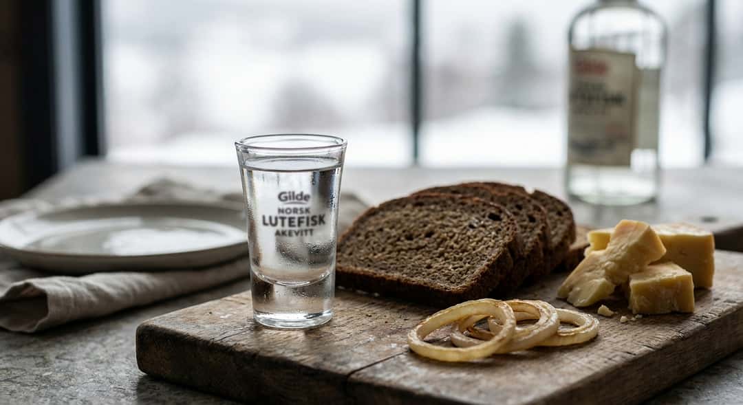 Kraftig gammelost med rugbrød og tynne løkringer på trebrett, et lite glass klar akevitt i forgrunnen, (Gilde Norsk Lute