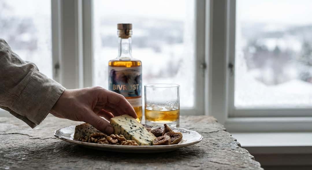 Stilton ost med valnøtter og fiken på vintage fat, et glass ravfarget whisky i bakgrunnen, (Bivrost Yggdrasil Arctic Sin