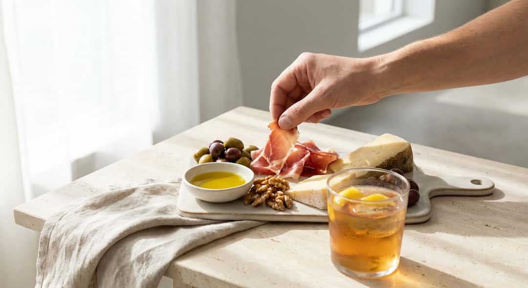Oversiktsbilde av et vakkert aperitiff-brett med oliven, oster, tørrspeket kjøtt, nøtter og små skåler med olje, naturli
