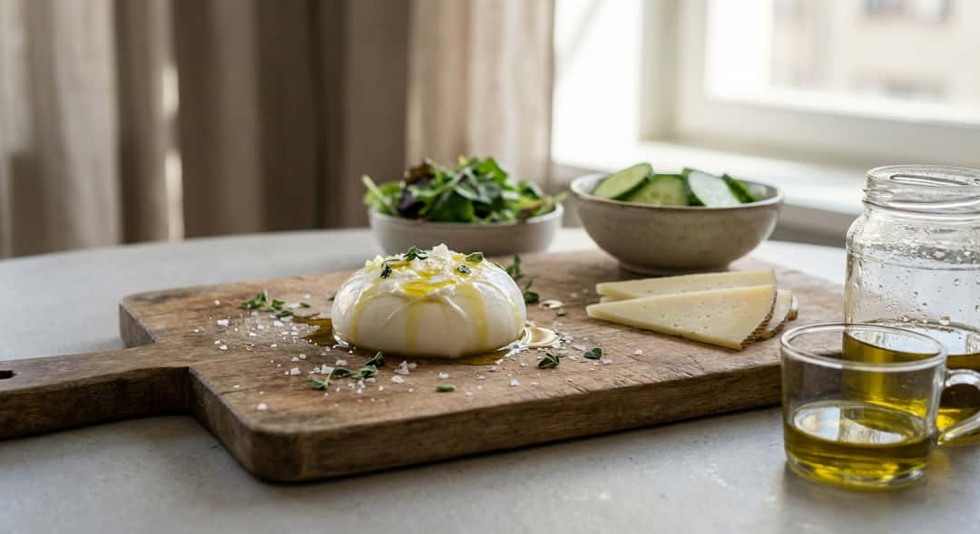 Nærbilde av fersk burrata på trefat, oliveolje dryppet over, flaksalt og grønne urter
