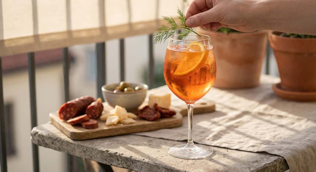 Et glass Aperol Spritz på utebord med aperitiff-brett i bakgrunnen, kveldssol, lette skygger