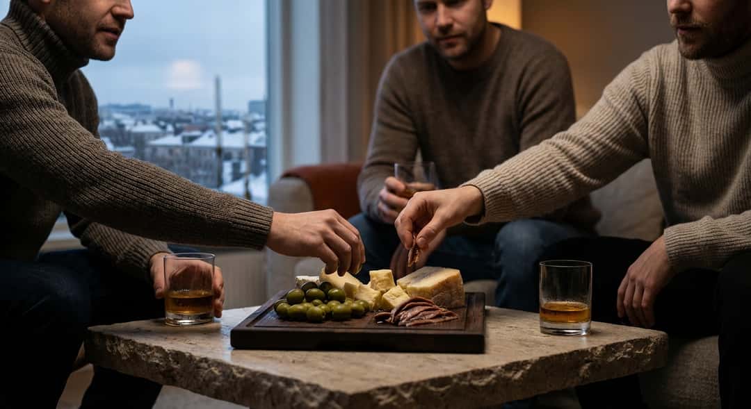 Oversiktsbilde av hender som rekker over et aperitiff-brett, sosial stemning, kveldslys, glass med drikker rundt brette