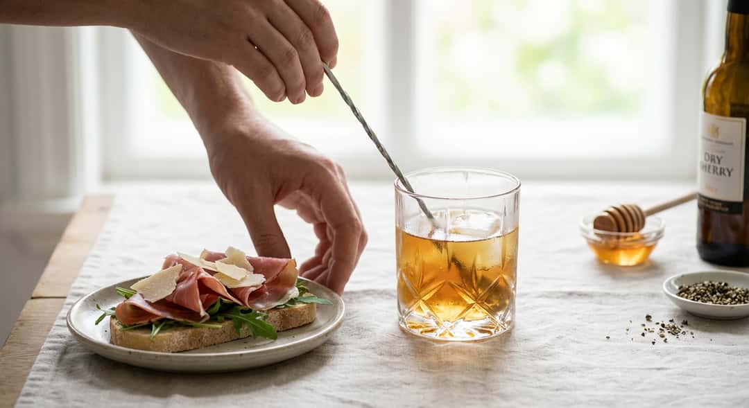 Lufttorkad skinka elegant vikt på ljust surdegsbröd med ostflagor och ruccola, sherrydrink bredvid
