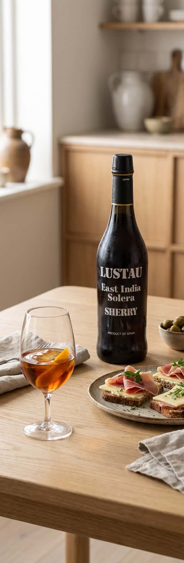 , flaskan med Lustau East India Solera på trä, sherrydrink och lufttorkad skinka-smörgås i bakgrunden