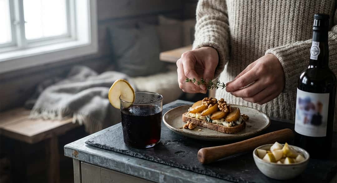 Blåmögelost-smörgås med glaserade päron och valnötter, mörk portvin-drink med päronskiva i förgrunden, mysig stugeinredning