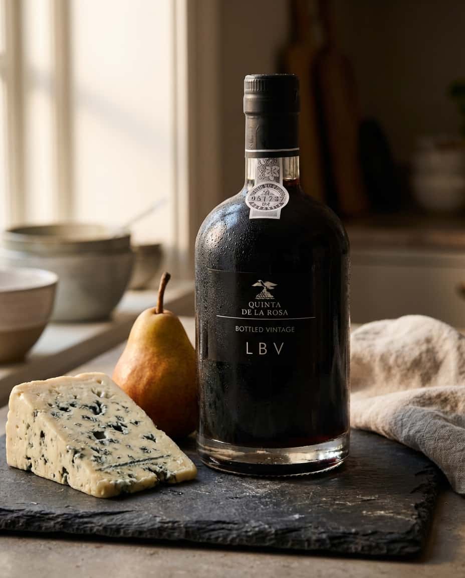 , Quinta de la Rosa LBV-flaska på köksbänk med blåmögelost och päron, varmt ljus (Quinta de la Rosa Late Bottled Vin