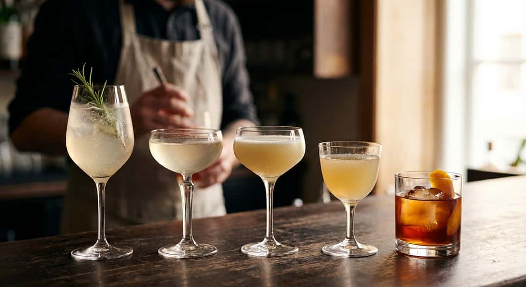 Viisi erilaista cocktaillasia järjestettyinä riviin tummalla baaritiskillä, lämmin valo, jokaisella juomalla on selkeä väri vaaleankeltaisesta tummaan