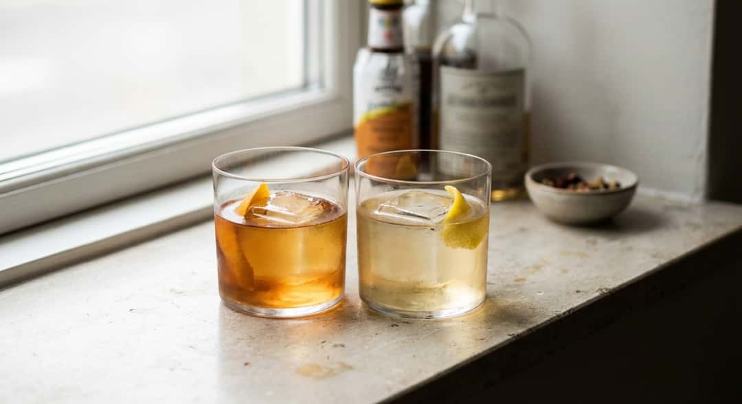 Närbild av två glas sida vid sida – samma drink men med olika sprit, olika färgnyanser synliga