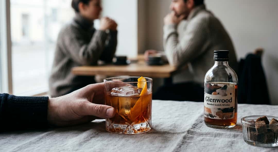 En Old Fashioned i kristallglas med stor isbit och apelsinskal, varm belysning, (Glenwood Blended Scotch Whisky)