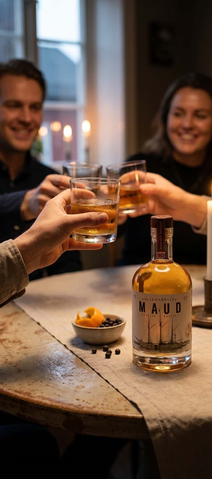 Färdig drink i handen på någon som skålar över ett bord med vänner, mysig hemmabarkänsla, kvällsstämning (Vollen Akev