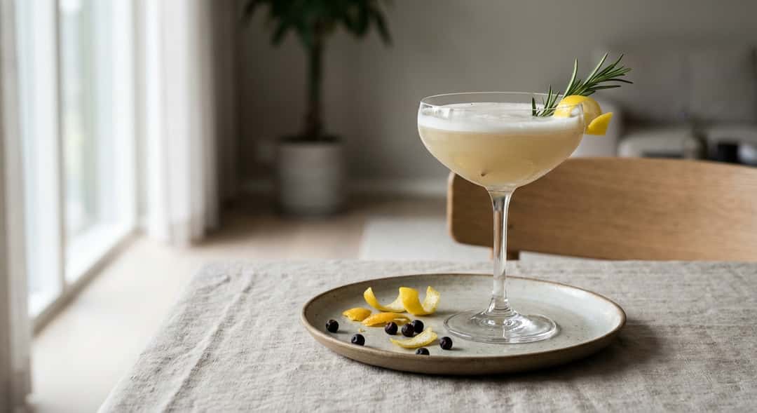 Valmis Rosemary Gin Sour coupelasissa valkoisella vaahtopinnalla, koristeltuna rosmariinioksalla ja sitruuskuorella (Tanqueray London Dry Gin)