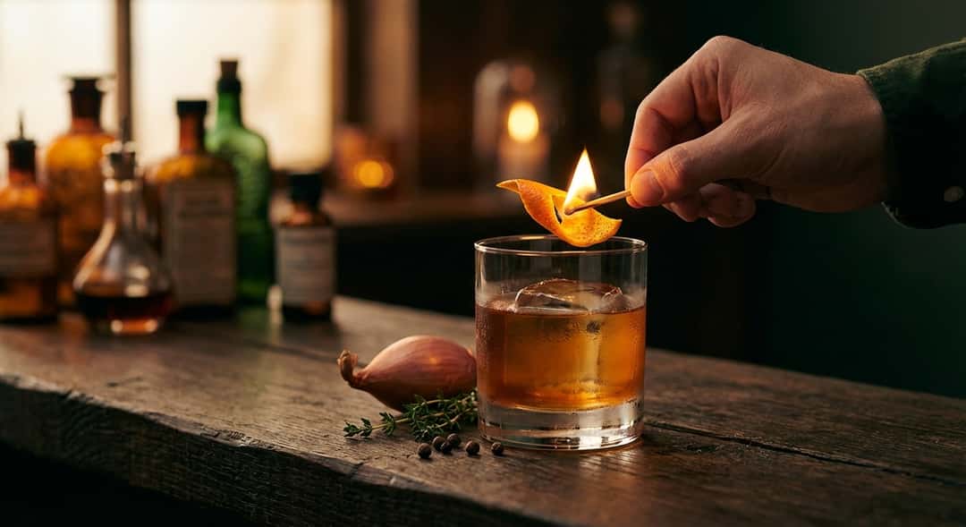 Shallot Old Fashioned matalassa lasissa suuren jääpalan kanssa, flammattu sitruuskuori tasapainotettuna reunalla, tumma puupenkki taustalla
