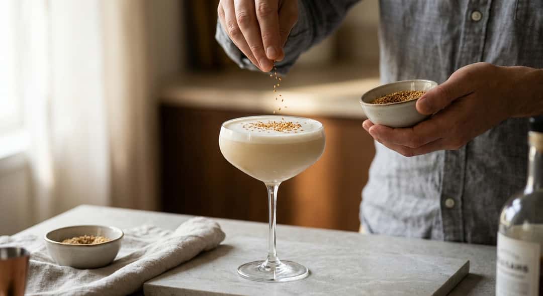 Et elegant coupeglass fylt med en kremfarget drink med nydelig skum, bestrødd med gulbrune sesamfrø – mørk bakgrunn, dis