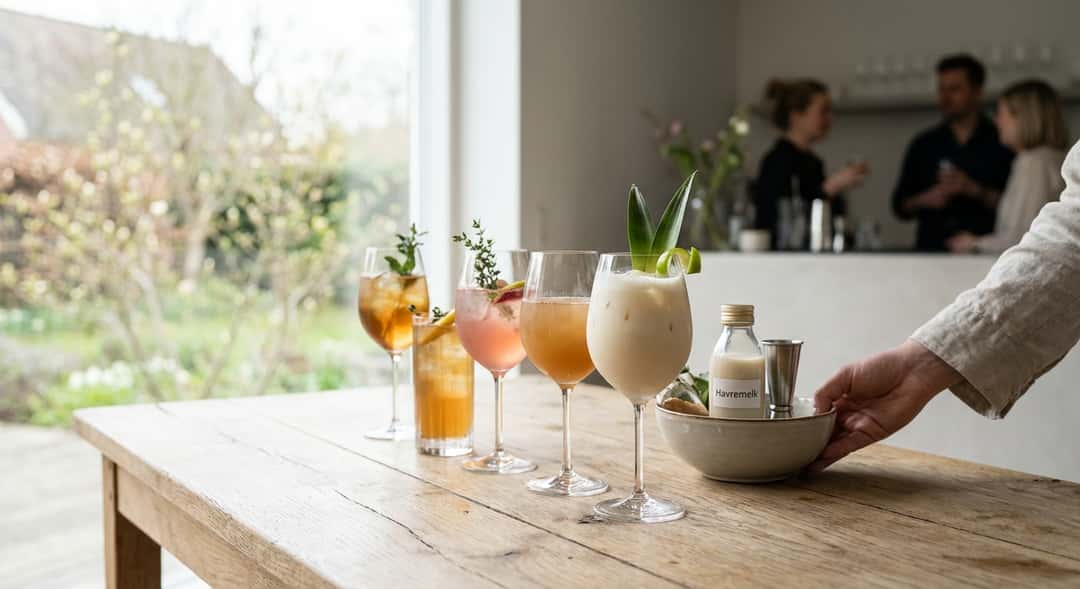 Fem forskjellige drinker stilt opp ved siden av hverandre på en trebord – hver med sin garnityr, lys og dybde i fargene,
