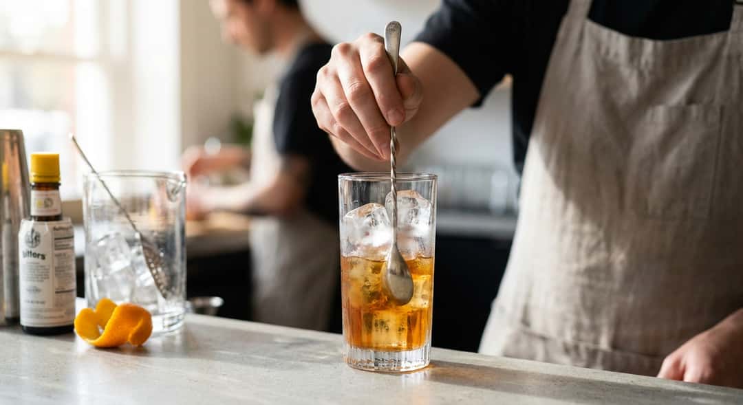 Close-up of an ice cream spoon gently stirring ice in a tall cocktail glass, morning light streaming in from the window