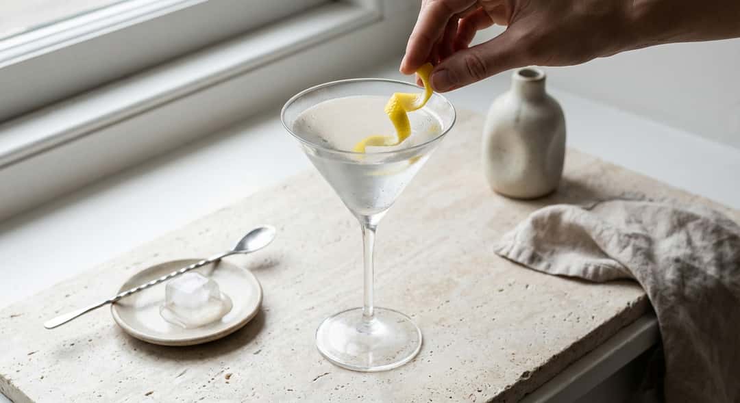 An elegant Martini in a cocktail glass with lemon peel, photographed from above against a light background, (Ukiyo Yuzu Gin)