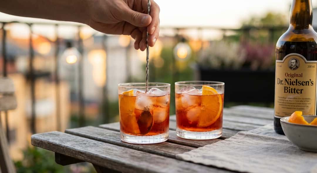 Two Negroni glasses with large ice cubes and orange slices, on an outdoor wooden table in evening light, (Original Dr