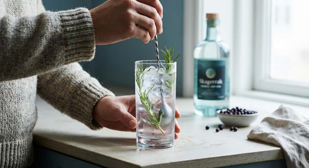 Finished Gin & Tonic in a tall glass with rosemary sprigs, condensation droplets on the outside of the glass, (Skagerrak Nordic Dry Gin)