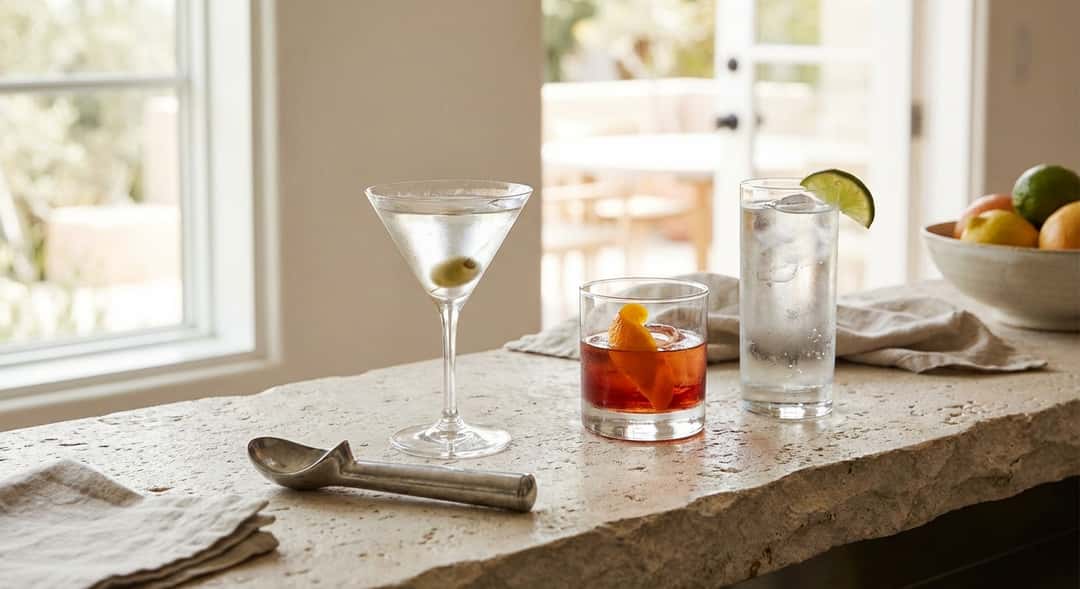 Three cocktail glasses in a row – Martini, Negroni, and Gin & Tonic – with an ice cream spoon beside them, photographed from the side in nat