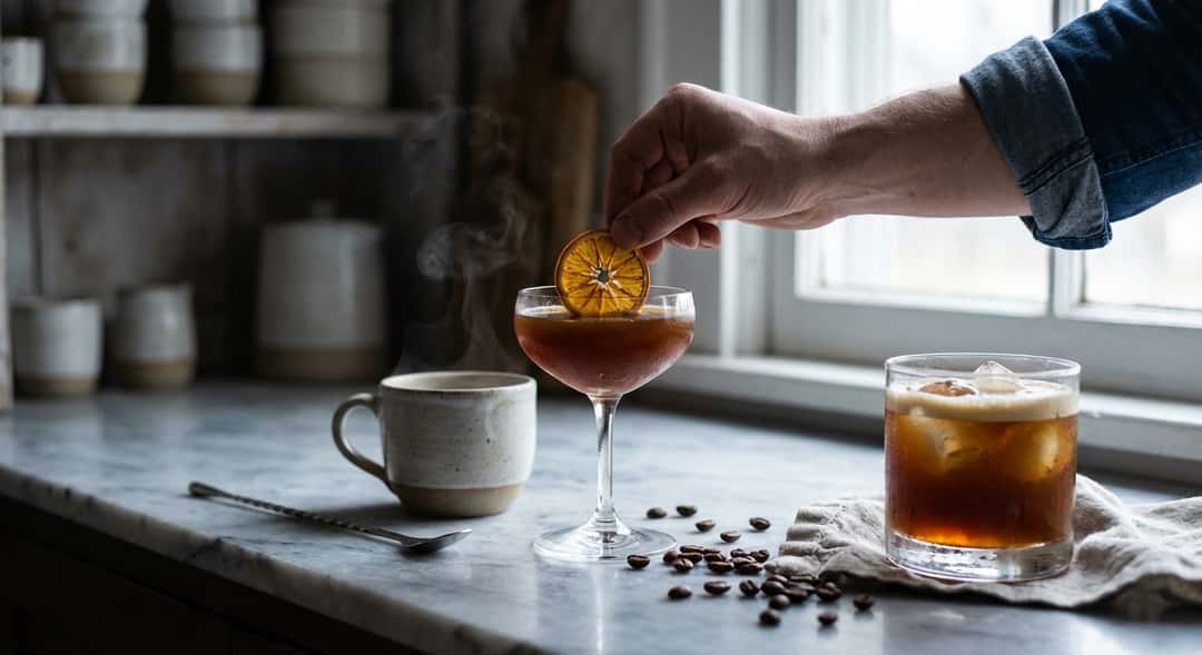 Tre ulike espresso-cocktails servert i forskjellige glass på marmorbenk, dampen stiger fra den ene, isklumper i den andr