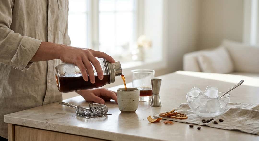 Enkel hjemmebaroppsett med shaker, målebeger, espressokopper og ispedd, naturlig lys fra vindu