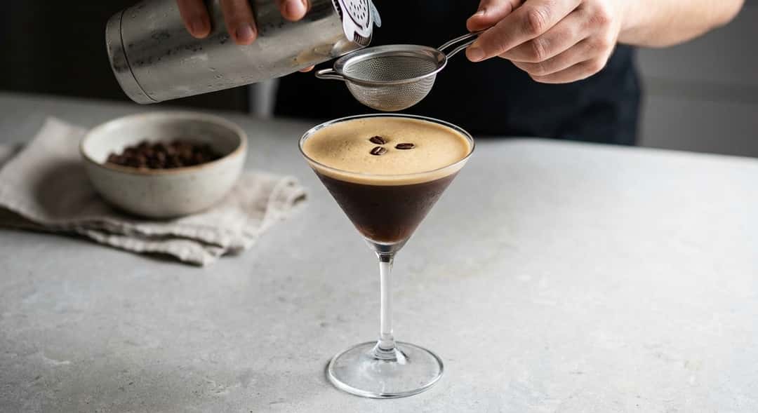 Espresso Martini i klassisk V-formet glass, perfekt kremhvitt skum med tre kaffebønner på toppen, mørk bakgrunn
