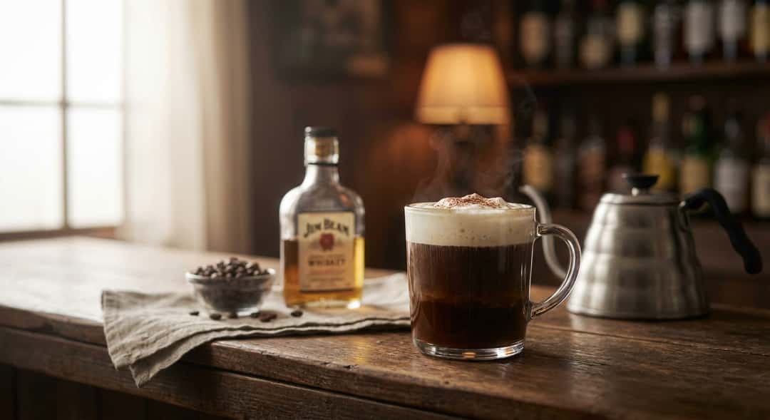 Irish Coffee i klassisk glass med distinkt lagdeling, kremtopp og mørk kaffe under, varm dampsky, myk bakgrunnsbelysning