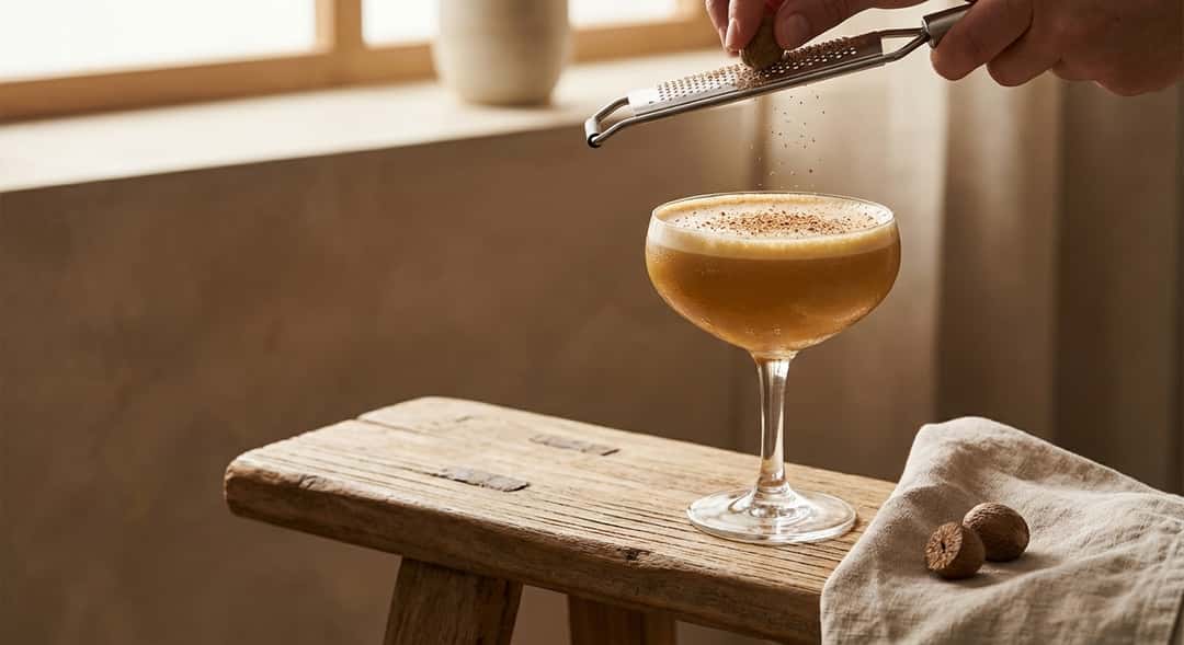 Coffee Flip i coupe-glass, gyllen-brun farge med fine bobler og nyrevet muskatnøtt på toppen, varm trebenk