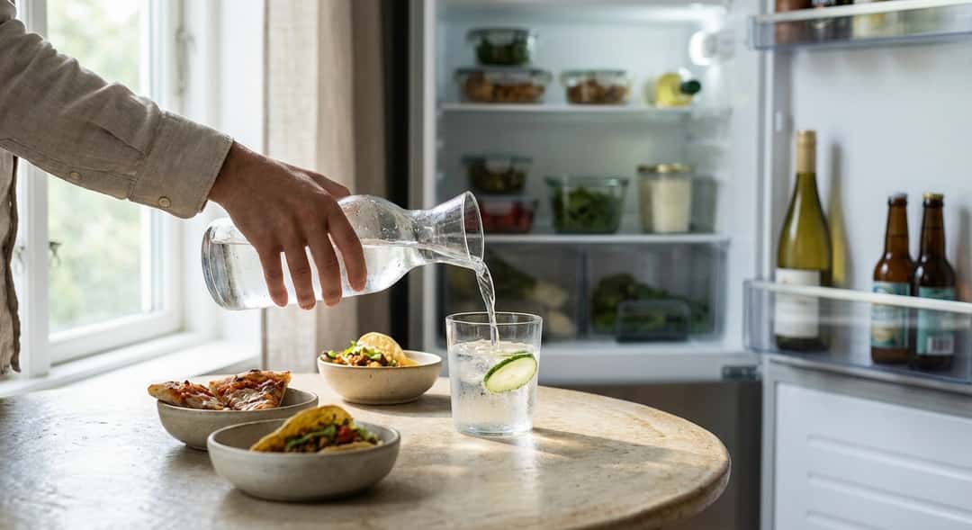 Öppet kylskåp fyllt med plastlådor med matrester, ölflaskor och vinflaskor i dörren, naturlig kökbelysning