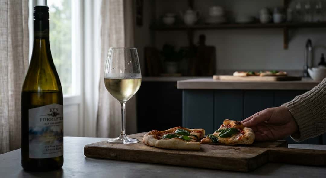Skivor av kall pizza på träbricka bredvid ett glas vitvin, kökinteriör med kvällsljus (Ken Forrester Old Vine Re