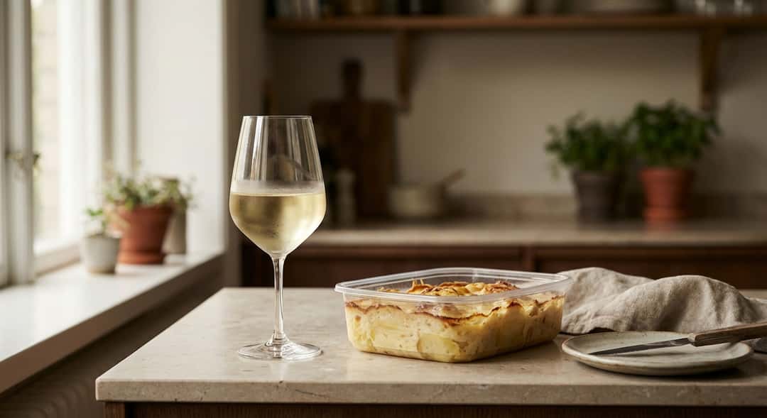 Plastlåda med gratäng på köksbänk, glas med vitvin bredvid, varm belysning