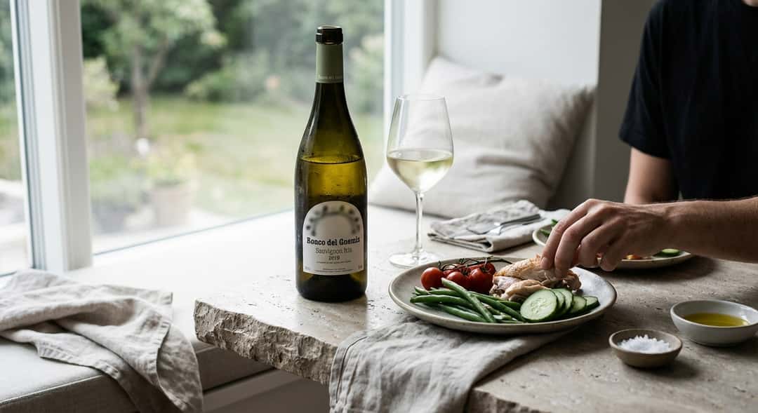 , flaska fotograferad tillsammans med tallrik med kall kyckling och grönsaker, dagsljus från fönster (Ronco del Gnemiz Sauvignon