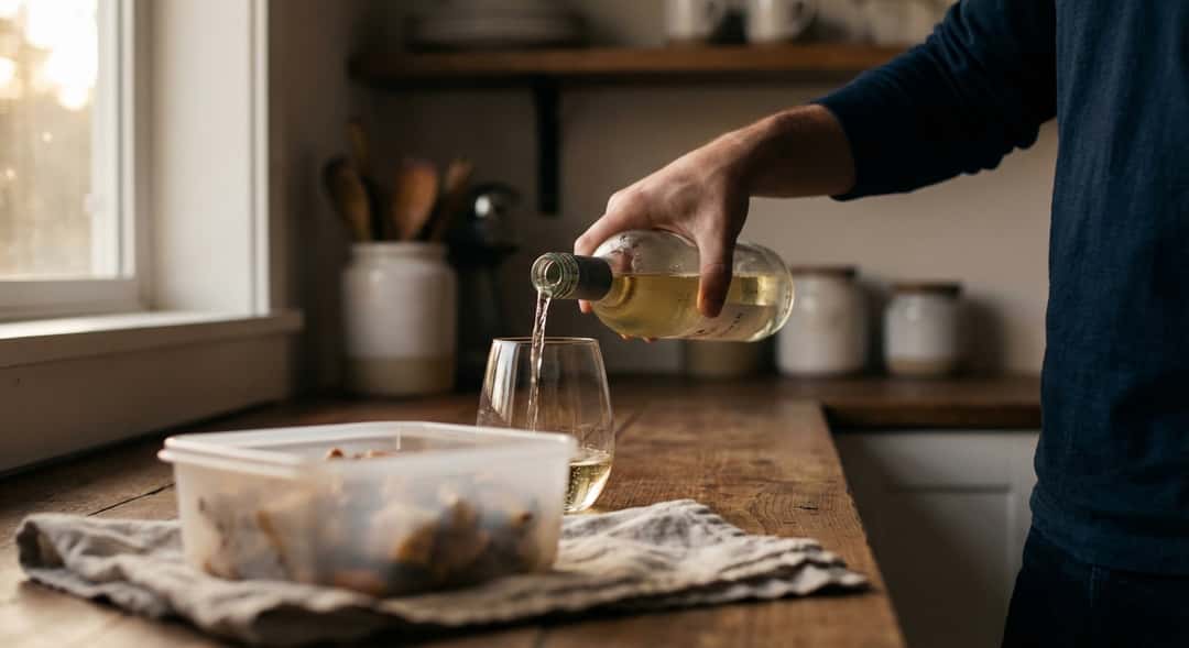 Person som häller vitvin i glas vid köksbänk, plastlåda med mat i förgrunden, mysig kvällsstämning