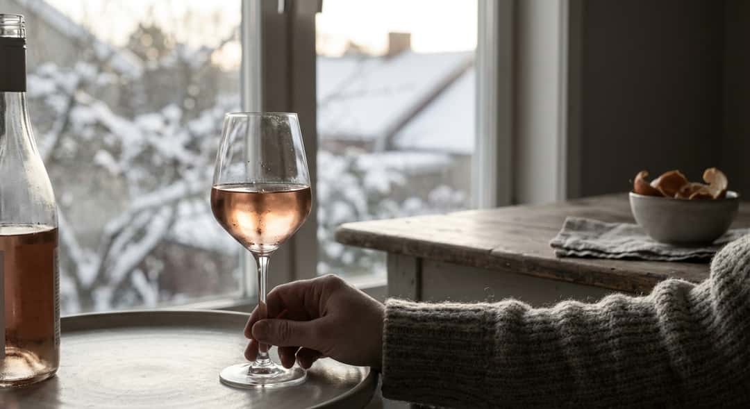 Ikkuna, josta auringonvalo virtaa keittiön pöydälle, rosépullo ja yksinkertainen lasi etualalla, lunta ulkona