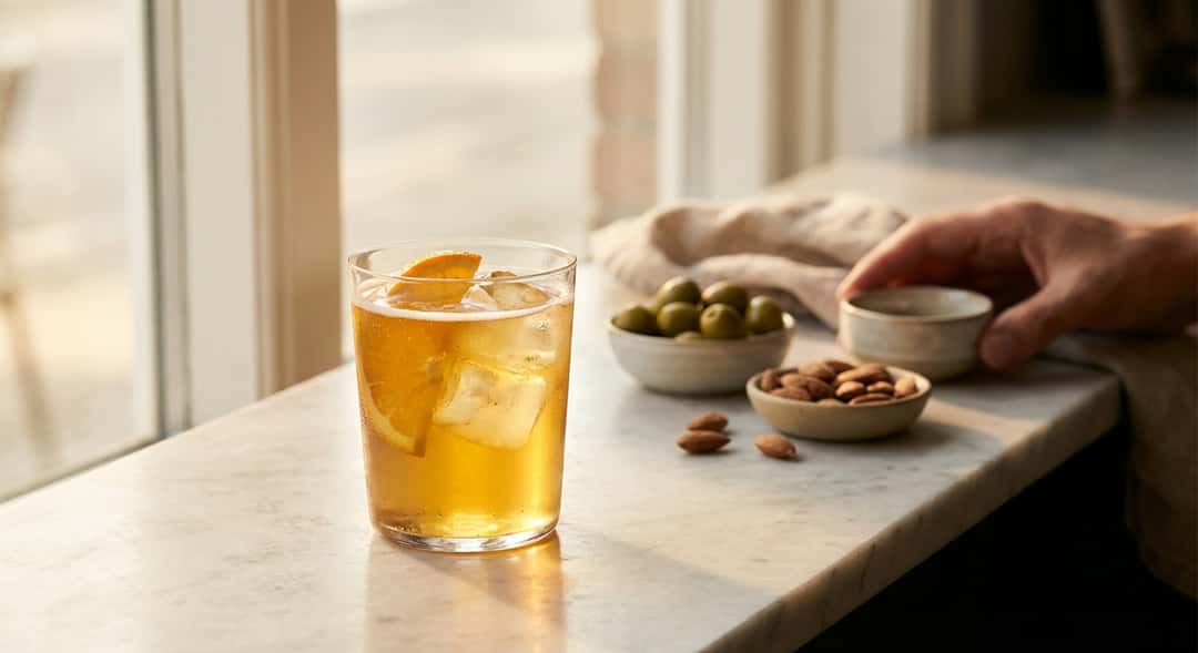 A glass filled with golden-coloured beer with ice cubes and an orange slice, served on a marble table with small bowls of olives and almonds