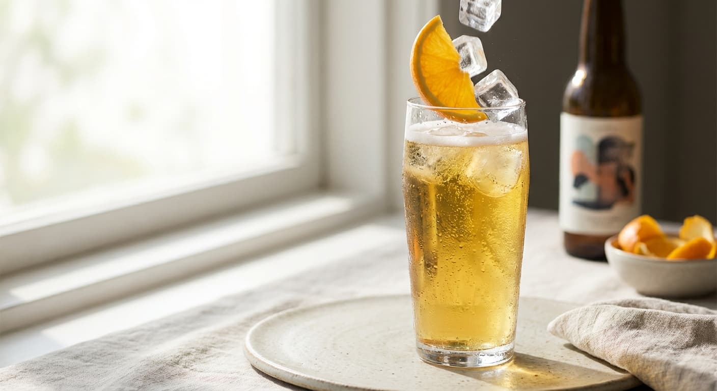 Nærbilde av appelsinskive og iskuber som senkes ned i et høyt glass med lyst, mousserende øl, kondensdråper på glasset (