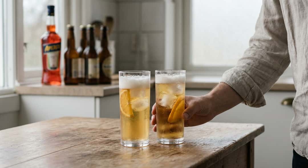 Two tall glasses filled with pale, foamy beer with large ice cubes and orange slices, a bottle of Aperol and beer bottles in the background