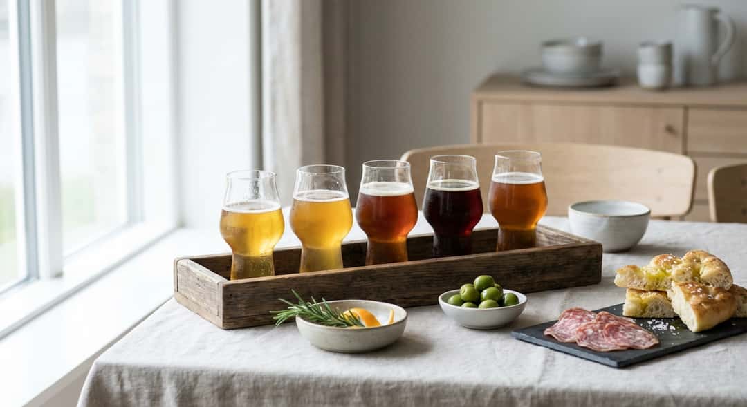 Five different glasses with various beer styles on a wooden tray, each with its own garnish – citrus, herbs, olives on the side