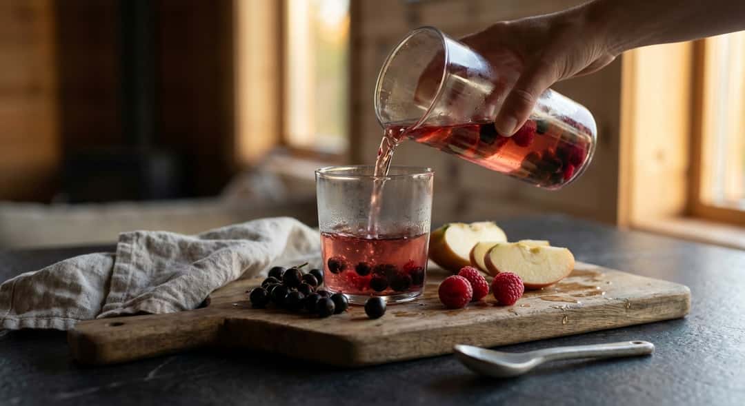 Blackcurrants, raspberries, and apples on a wooden surface in evening light, drops of water on the surface