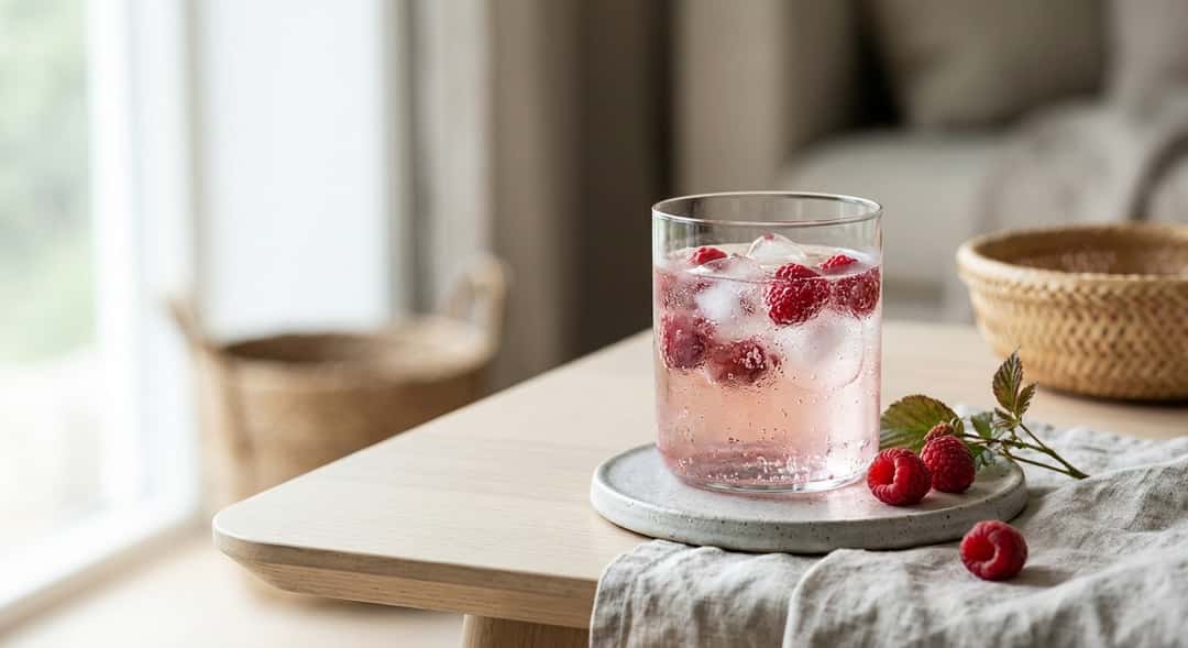 – Attåt Hard Seltzer Bringebær in a glass with ice and fresh raspberries