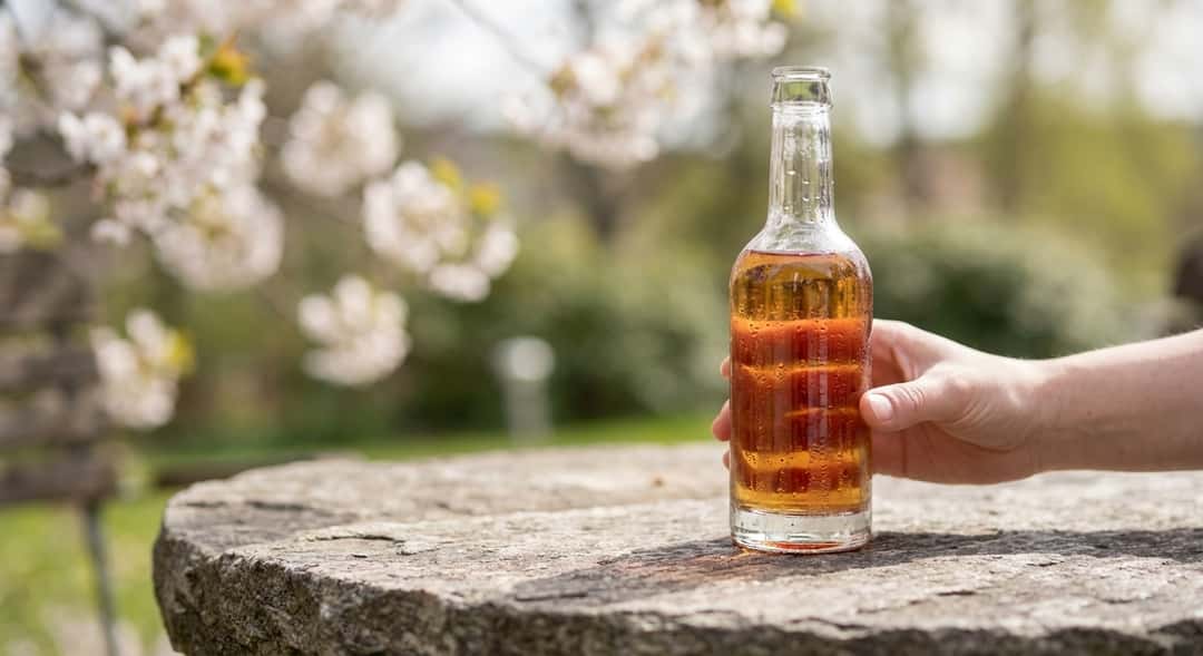 – RYGR Ginger Viking Bringebær on an outdoor table with spring flowers in the background