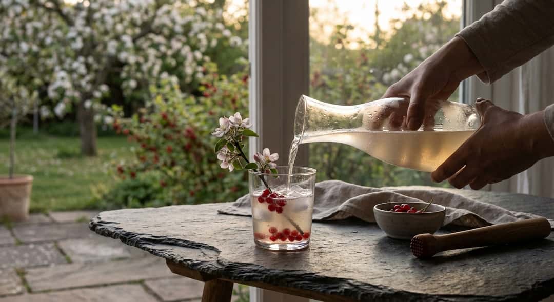 Norwegian garden with apple tree and berry bushes in spring blossom, evening sun